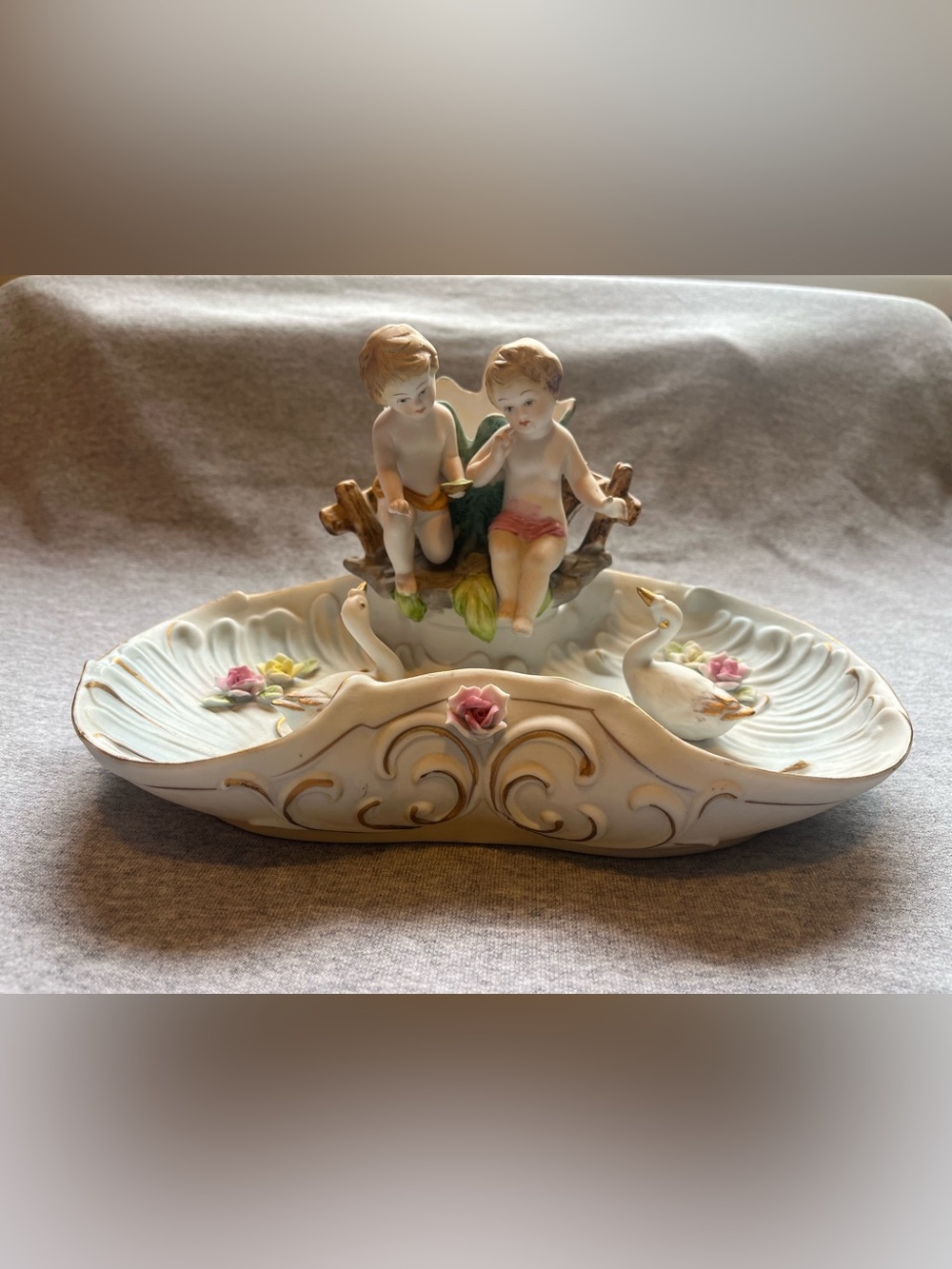 VTG Porcelain Centerpiece Marked Vase with Putti Cherubs, Swans and Flowers READ